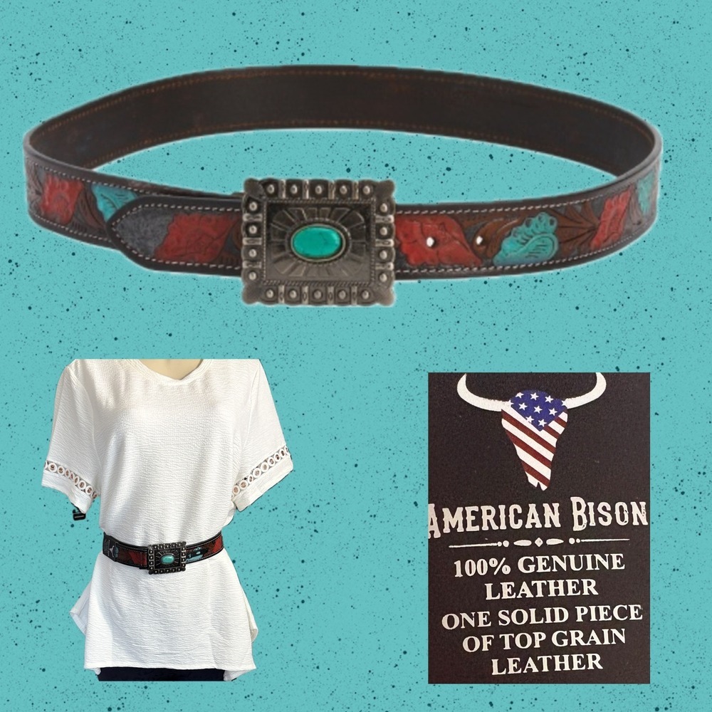 American Bison Womens Brown Leather Tooled Floral Belt Turquoise Antique Buckle